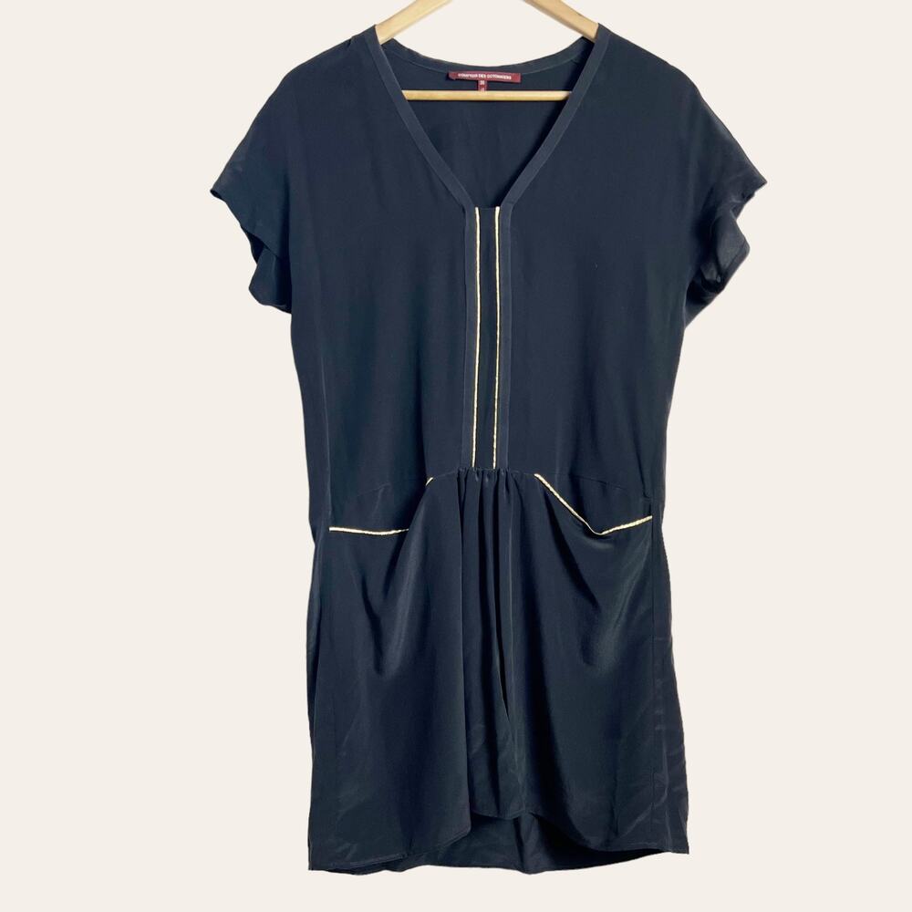 Comptoir Des Cotonniers Black Silk Short Sleeve V-Neck Gathered Mini Dress Sz S